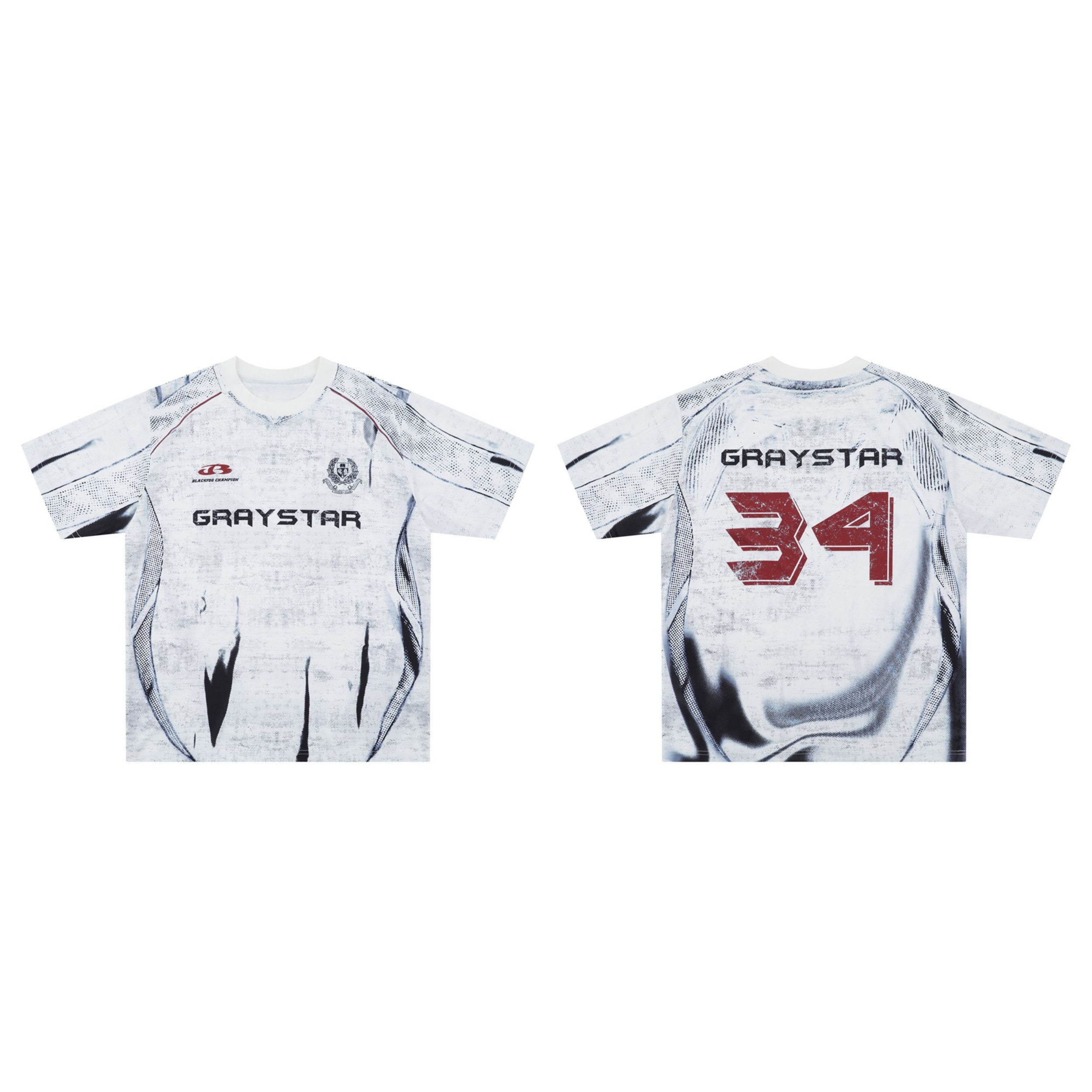 Front and back view of the Graystar 34 white distressed mesh soccer jersey tee with red number graphic