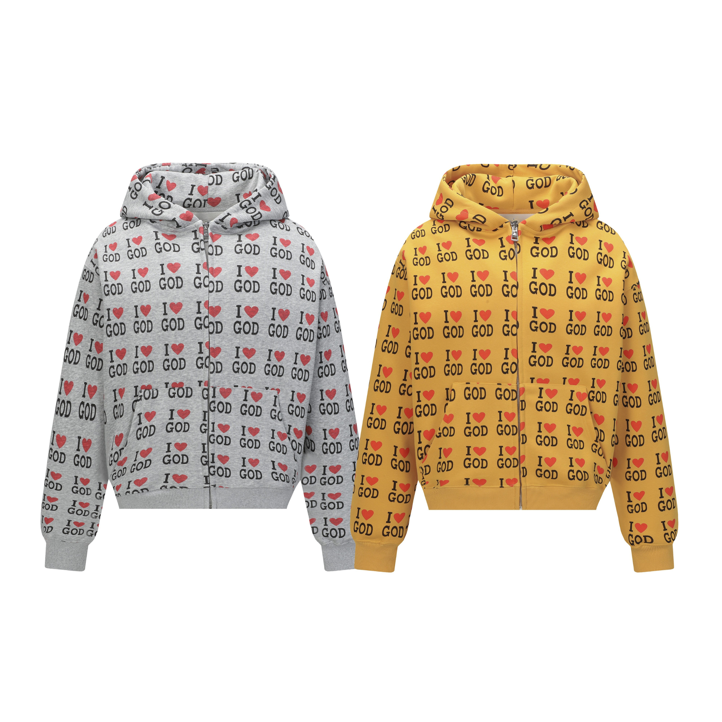 Omirad I Love God all-over print zip hoodie in heather grey and golden yellow, front view