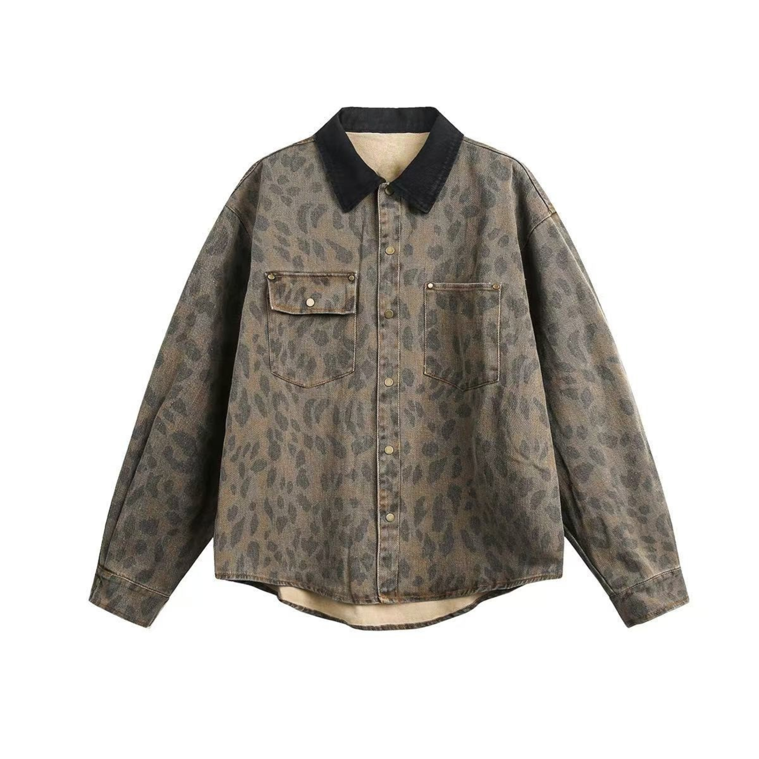 Front view of a washed leopard print denim shirt jacket with contrast black collar and brass snap buttons