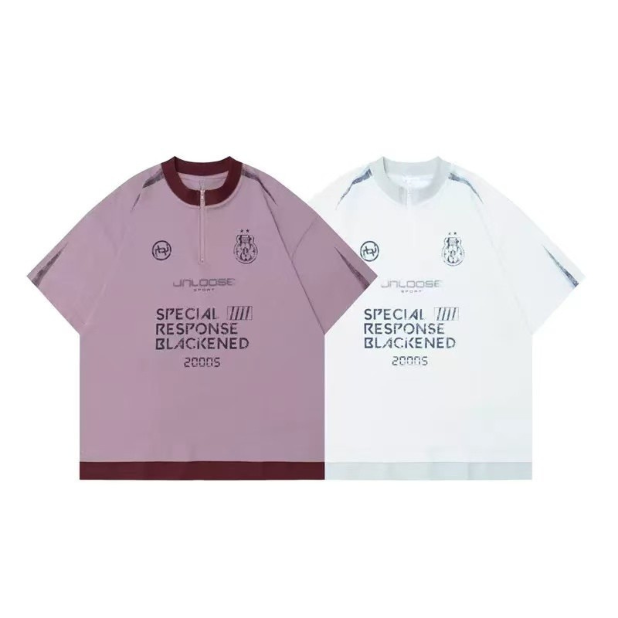 Omirad Special Response oversized tee in mauve-pink and white with half-zip collar and stencil slogan print