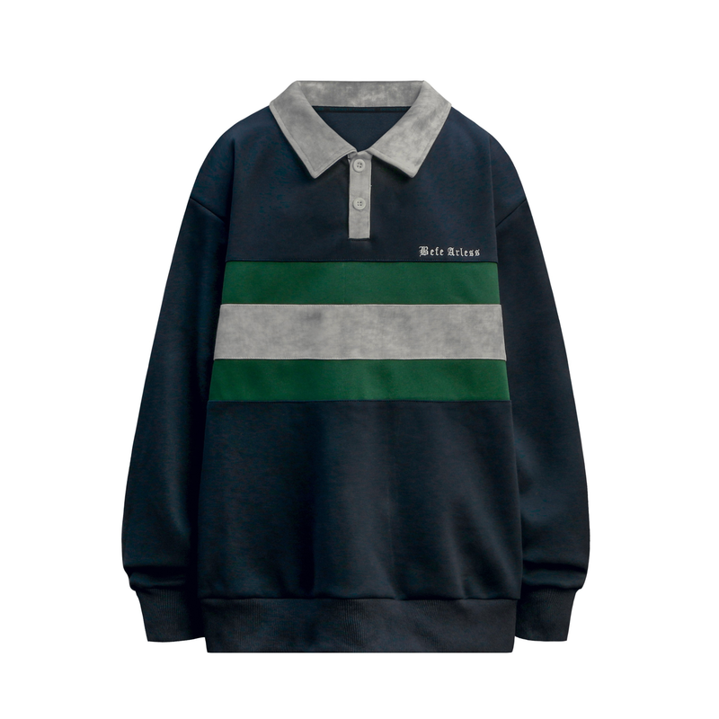 Front view of a navy rugby polo sweatshirt with gray collar, green and gray stripe bands, and button placket