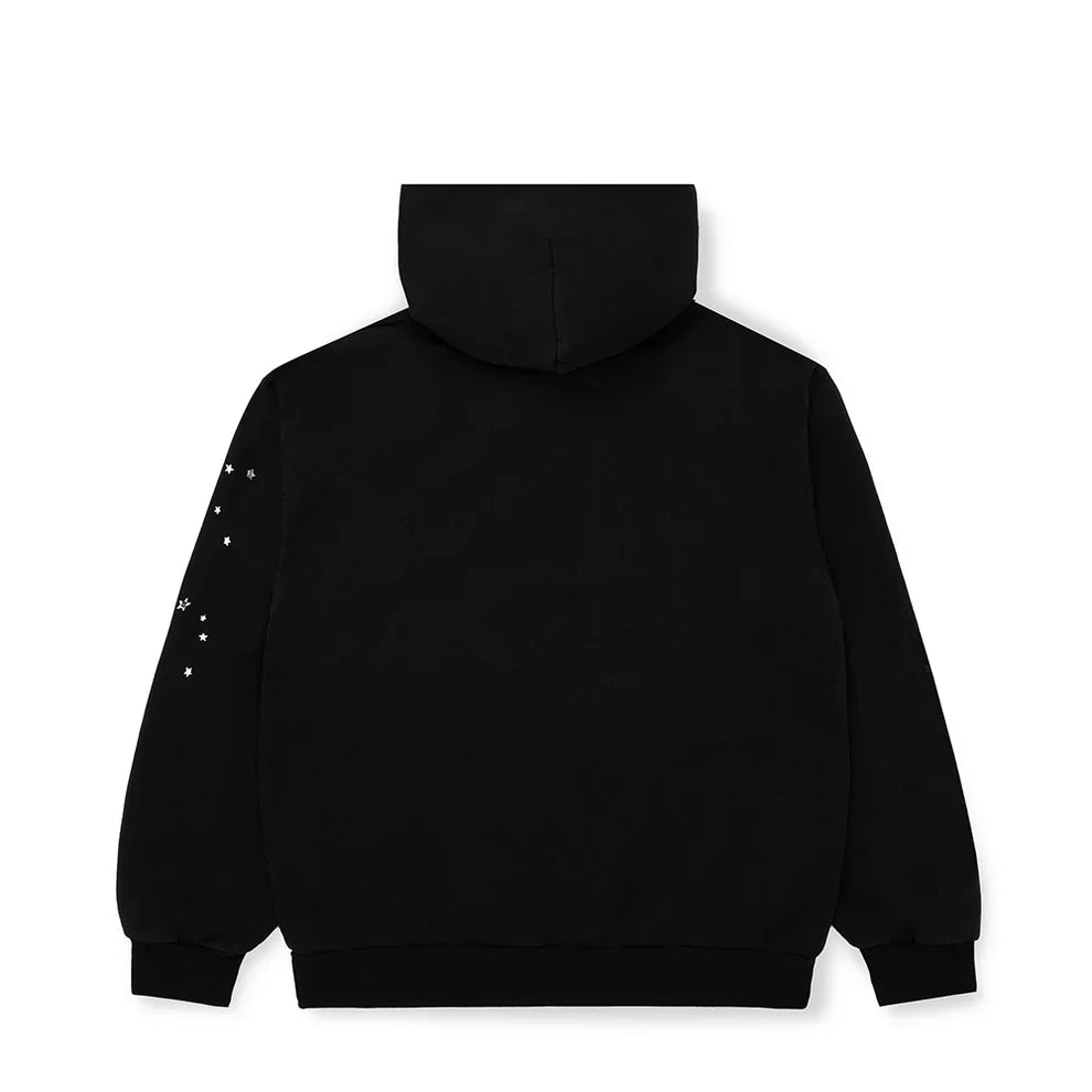 The Sp5der “I Love Sp5der” Hoodie – Black Web 440GSM Heavyweight Streetwear Pullover is shown from the back, with a hood, ribbed cuffs, and small white star-like dots on the right sleeve near the shoulder against a white background.