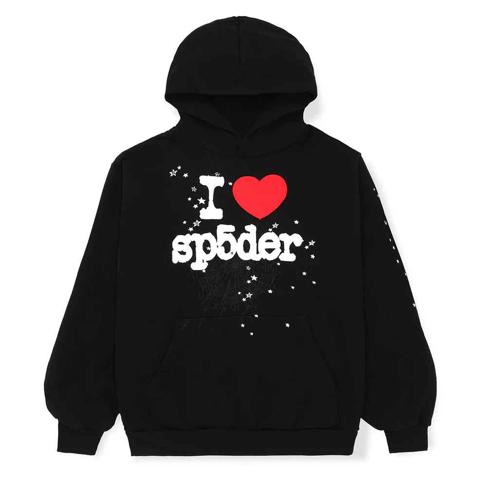The Sp5der “I Love Sp5der” Hoodie – Black Web is a 440GSM heavyweight pullover with "I ♥ sp5der" in white and red, star accents, and a subtle spider web on the front—ideal for elevating your Y2K streetwear style.