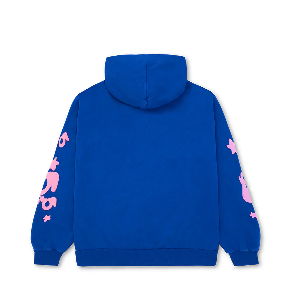 The Sp5der “555 Stars” Hoodie – Royal Blue / Pink 440GSM Heavyweight Oversized Streetwear Pullover features pink graphics on both sleeves, a plain back, and ribbed cuffs and hem in premium cotton fleece.