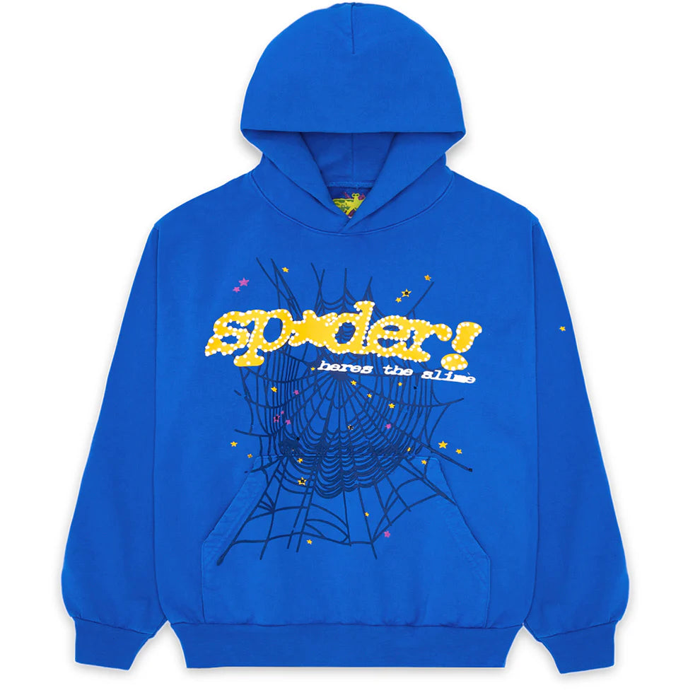 Sp5der “Hares the Slime” Hoodie (440GSM) – Royal Blue Fuzzy Logo Spider-Web Graphic