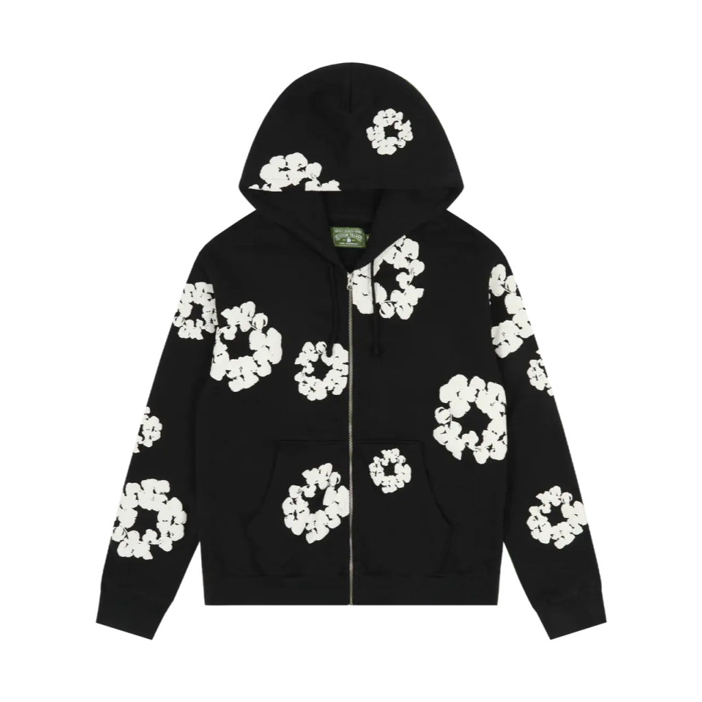 Denim Tears Cotton Wreath Puff Print Zip-Up Hoodie – Black & White