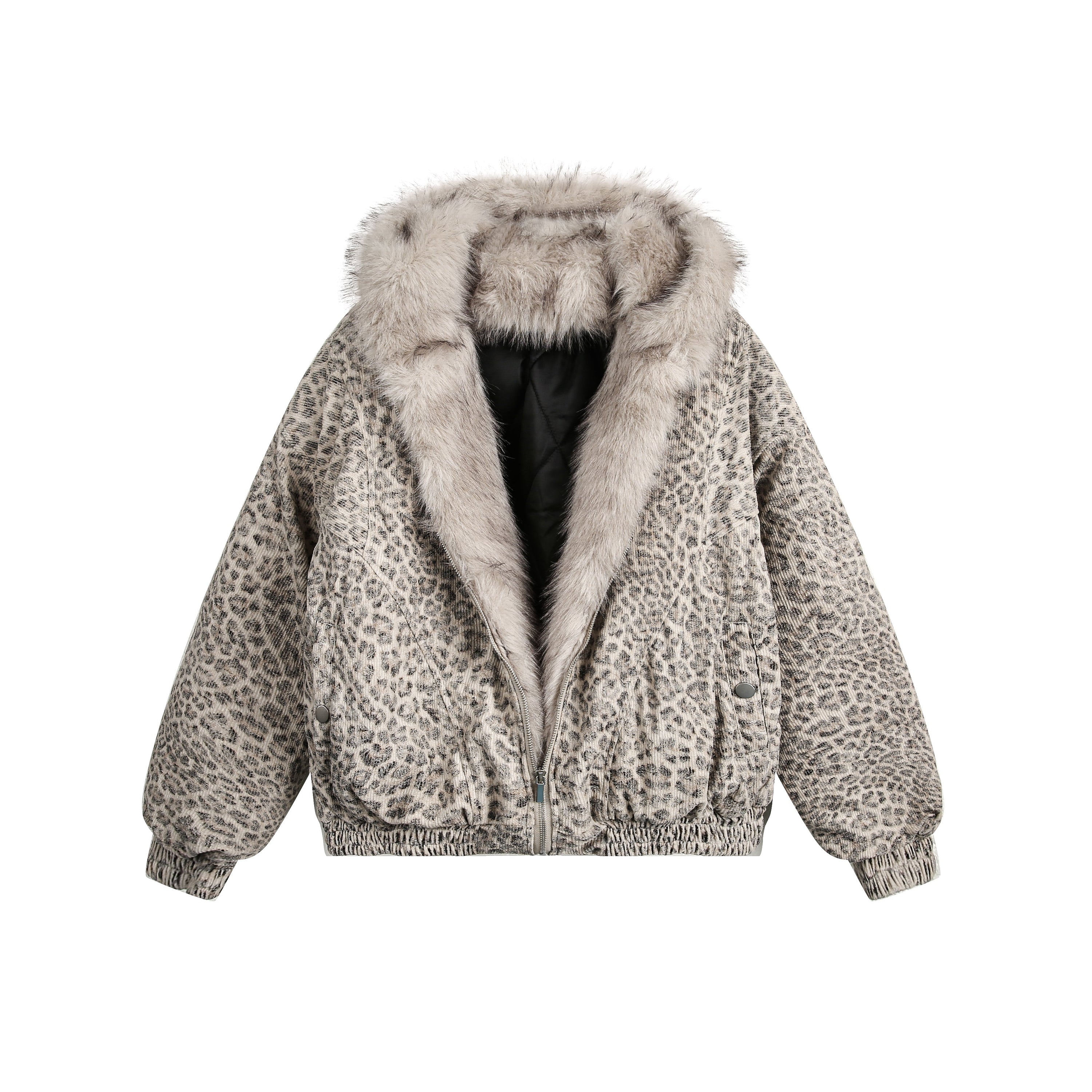 Grey leopard print cropped bomber jacket with oversized faux fur hood and collar, front view on white background