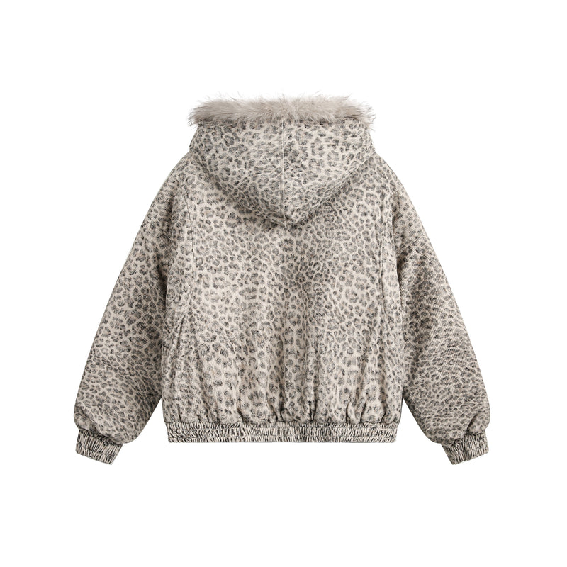 Leopard Print Fur-Trim Hooded Bomber Jacket | Omirad