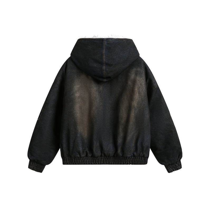 Fur-Lined Washed Hooded Bomber Jacket | Winter Streetwear