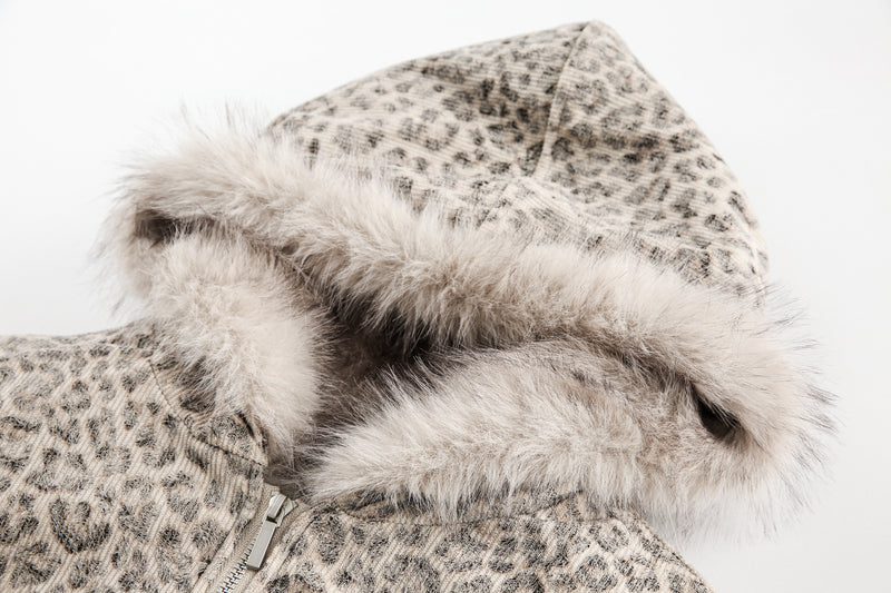 Leopard Print Fur-Trim Hooded Bomber Jacket | Omirad