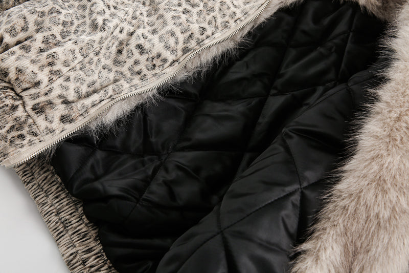 Leopard Print Fur-Trim Hooded Bomber Jacket | Omirad