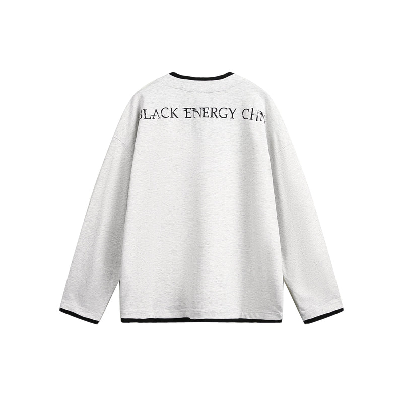 Light gray long-sleeve tee with black trim and back neck text graphic