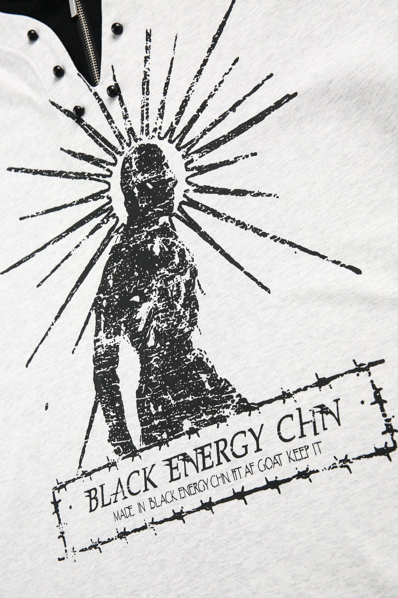 Front chest graphic on light gray long-sleeve tee with black print and snap buttons