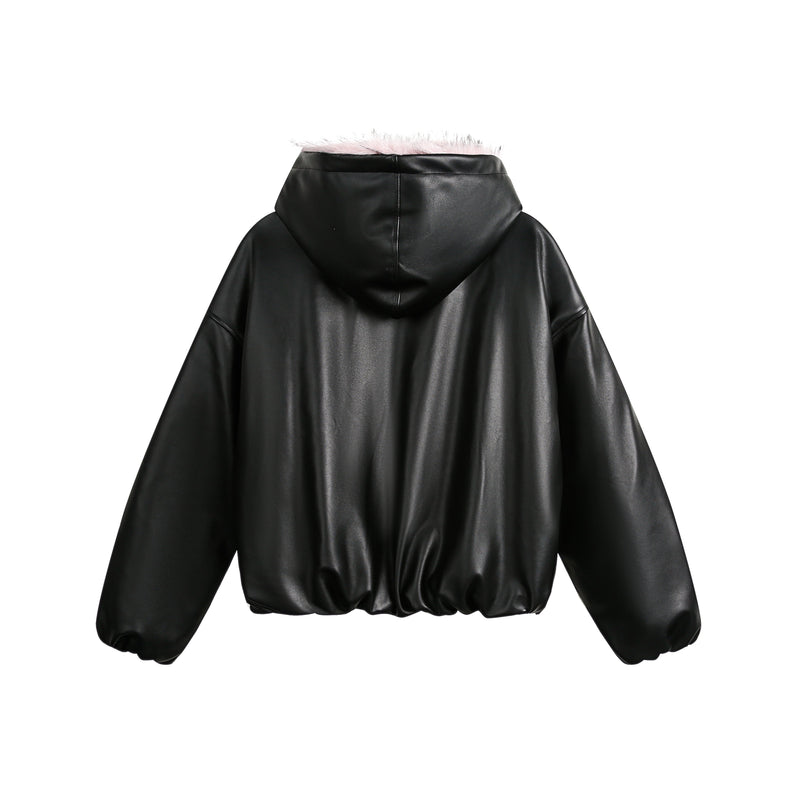 Faux Fur Hooded PU Leather Bomber Jacket | Black & Pink