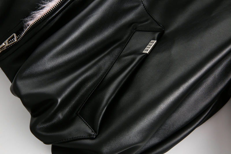 Faux Fur Hooded PU Leather Bomber Jacket | Black & Pink