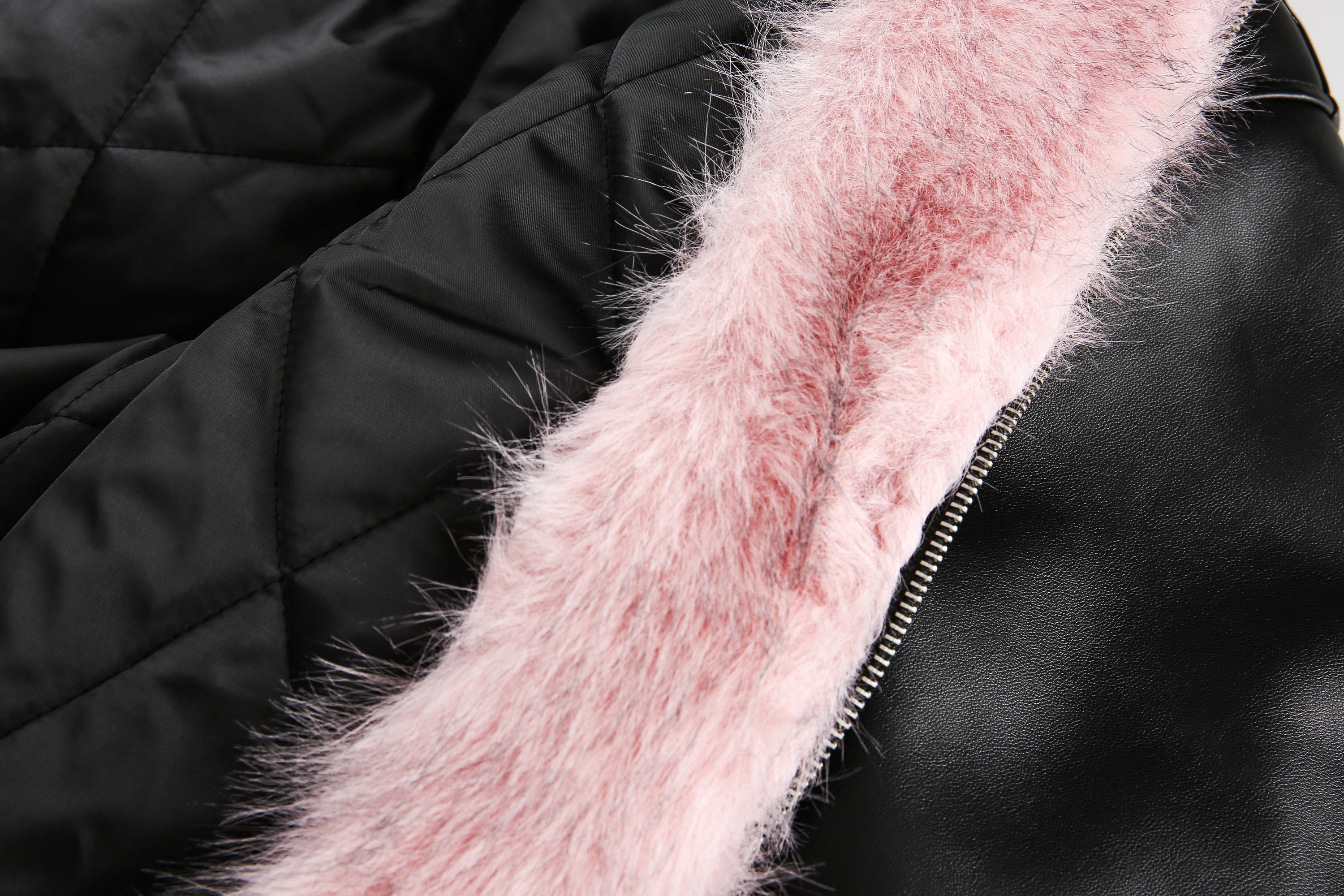 Faux Fur Hooded PU Leather Bomber Jacket | Black & Pink