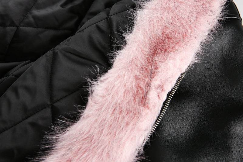 Faux Fur Hooded PU Leather Bomber Jacket | Black & Pink