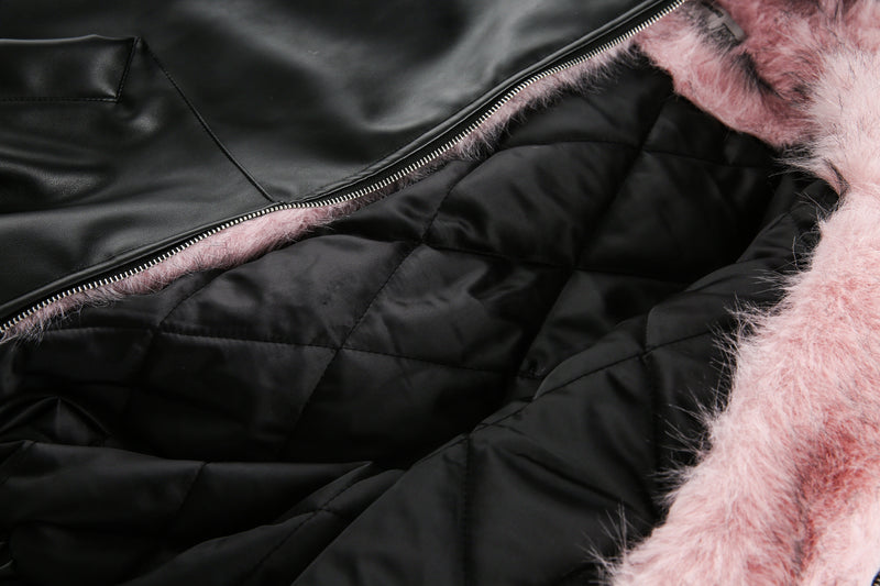 Faux Fur Hooded PU Leather Bomber Jacket | Black & Pink