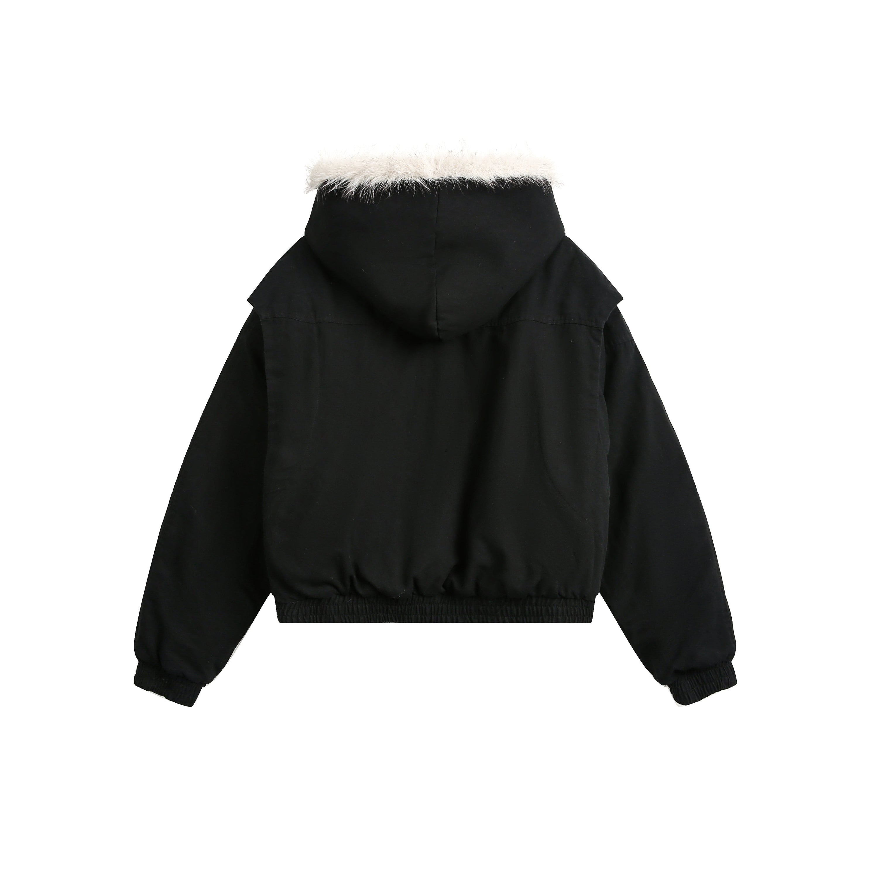 Oversized Faux Fur-Trim Hooded Cropped Bomber Jacket