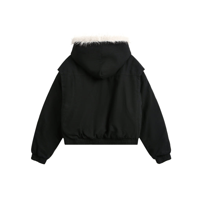 Oversized Faux Fur-Trim Hooded Cropped Bomber Jacket