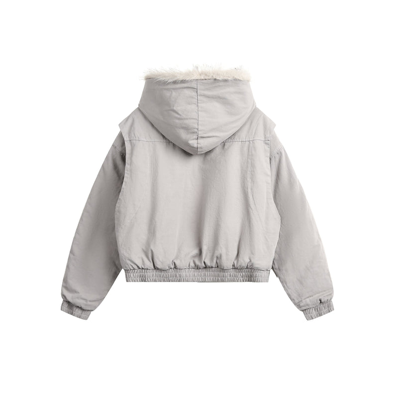 Oversized Faux Fur-Trim Hooded Cropped Bomber Jacket