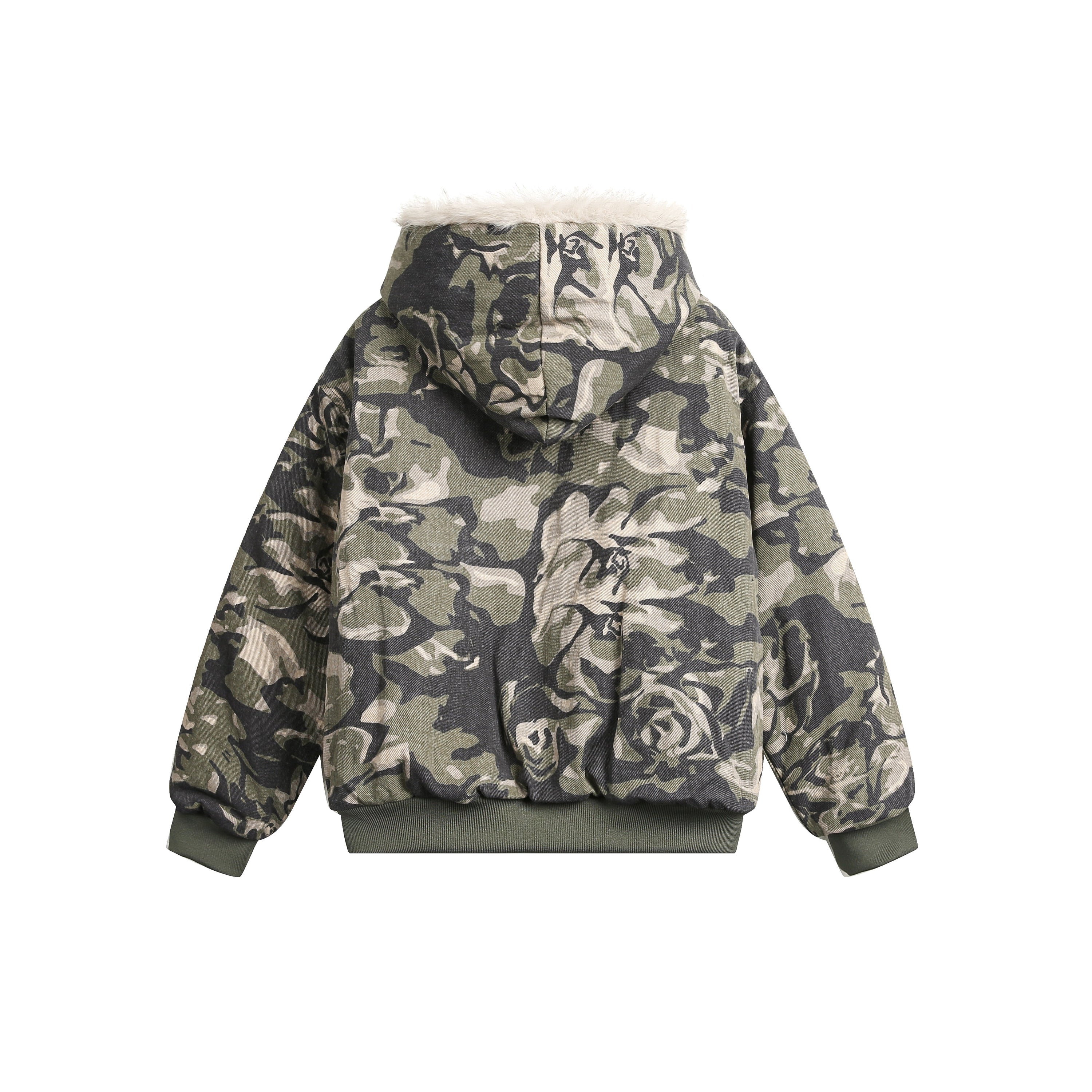 Camo Faux Fur-Lined Hooded Bomber Jacket | 100% Cotton