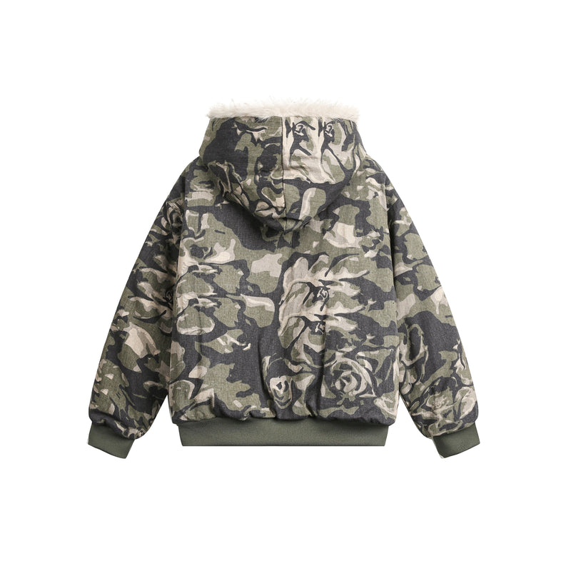 Camo Faux Fur-Lined Hooded Bomber Jacket | 100% Cotton