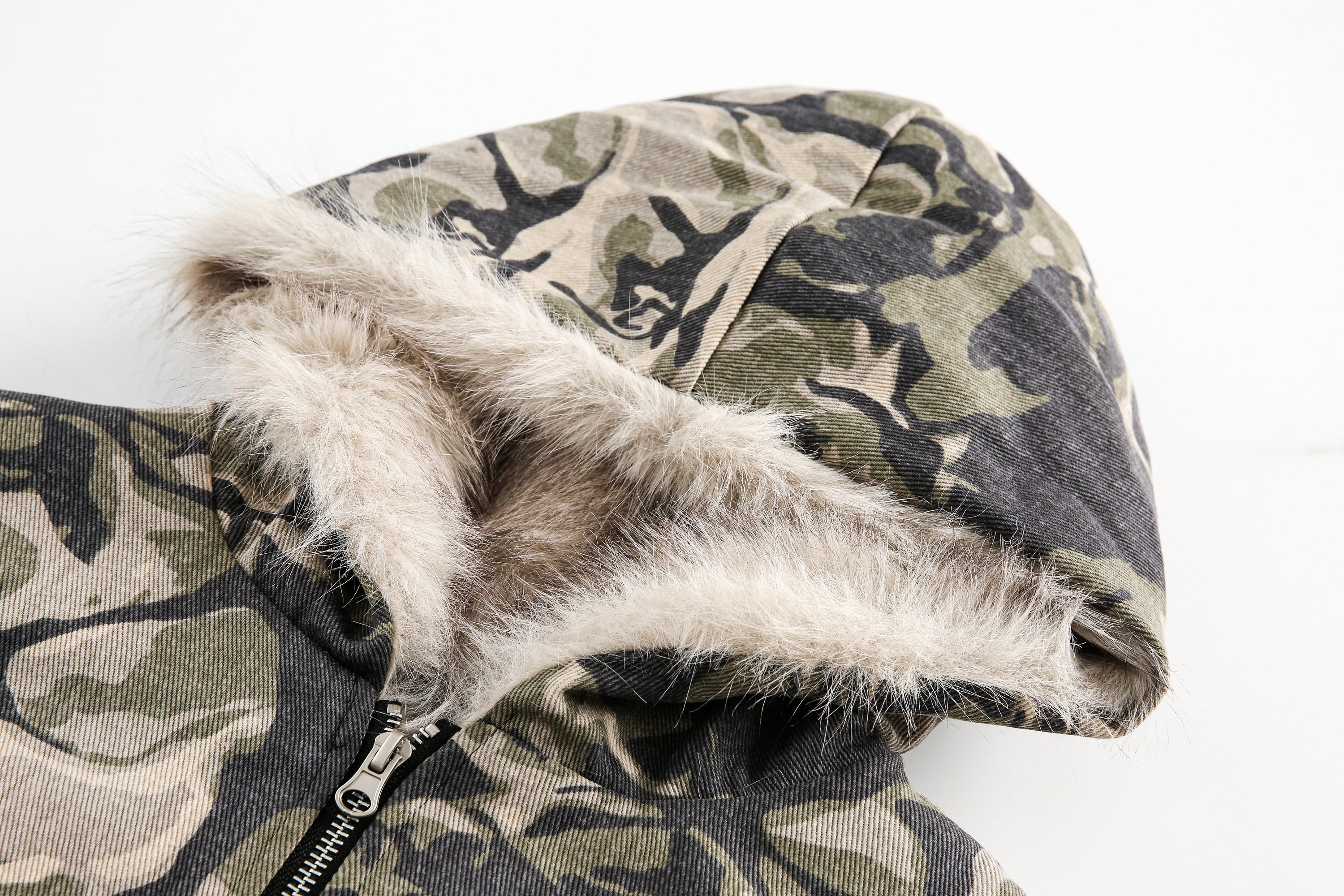 Camo Faux Fur-Lined Hooded Bomber Jacket | 100% Cotton