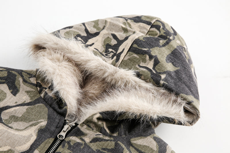 Camo Faux Fur-Lined Hooded Bomber Jacket | 100% Cotton