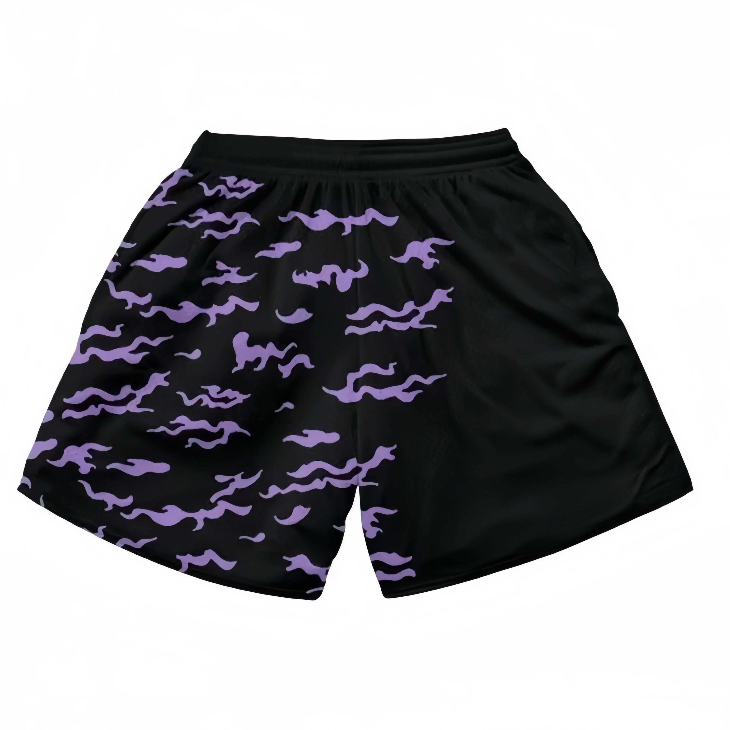 A pair of Naruto-Inspired Shorts featuring the Amaterasu Flame Design in black and purple, reminiscent of Itachi Uchiha&