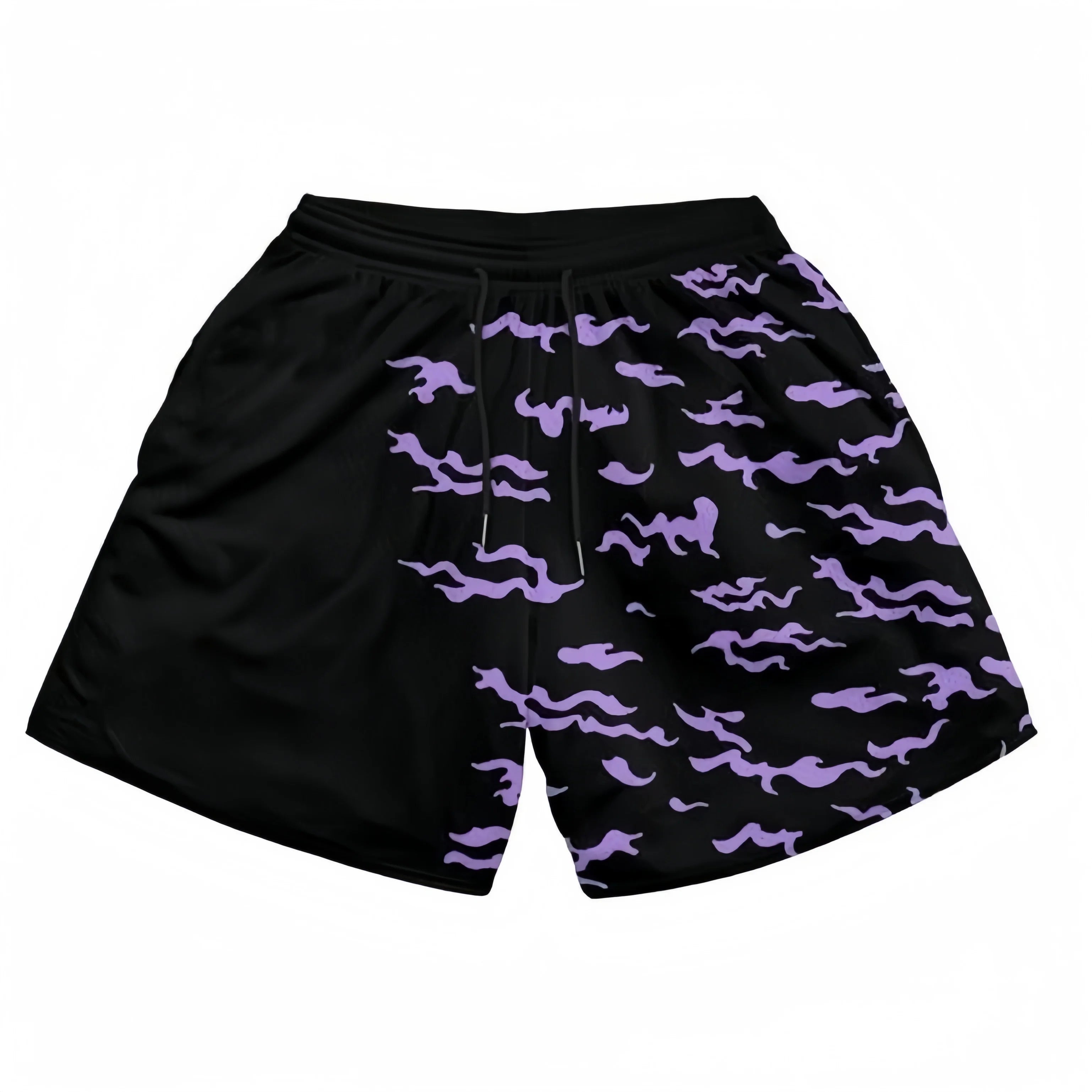 Discover the dynamic style of Naruto-Inspired Shorts by Naruto, featuring an Amaterasu flame design in black and purple, reminiscent of Itachi Uchiha&