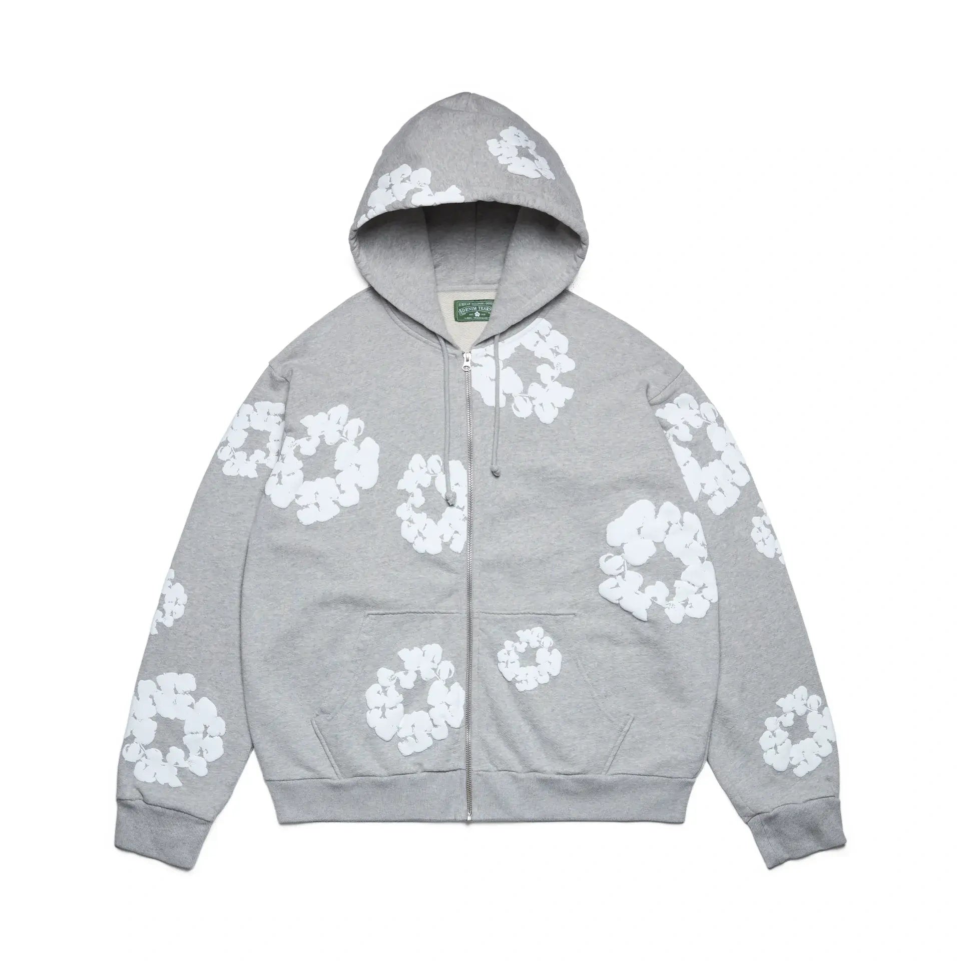 Denim Tears Cotton Wreath Puff Print Zip-Up Hoodie – Grey