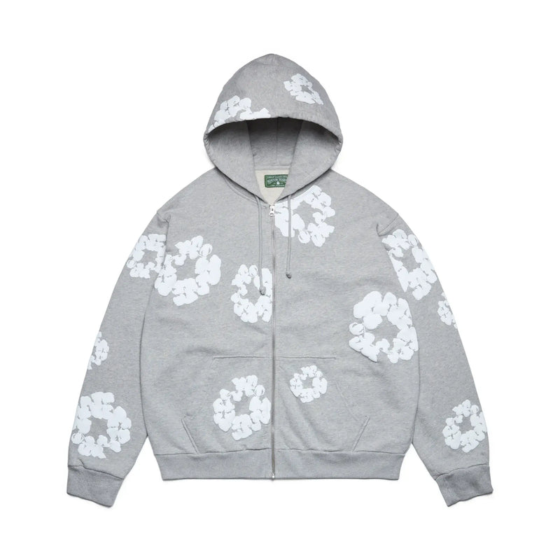 Denim Tears Cotton Wreath Puff Print Zip-Up Hoodie – Grey