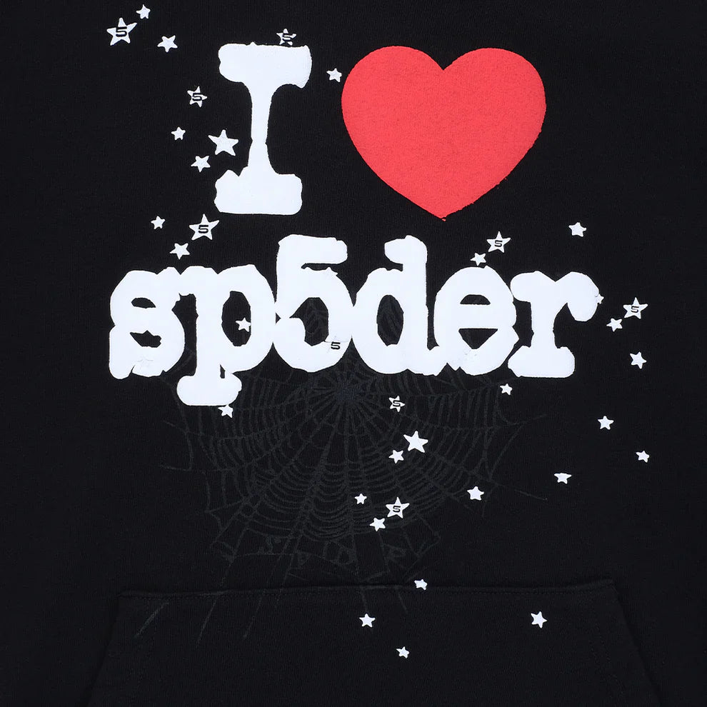 The Sp5der “I Love Sp5der” Hoodie – Black Web features a black background with bold white "I ❤️ sp5der" text, a red heart, scattered stars, and a subtle spiderweb design for classic Y2K streetwear style. 440GSM heavyweight pullover.