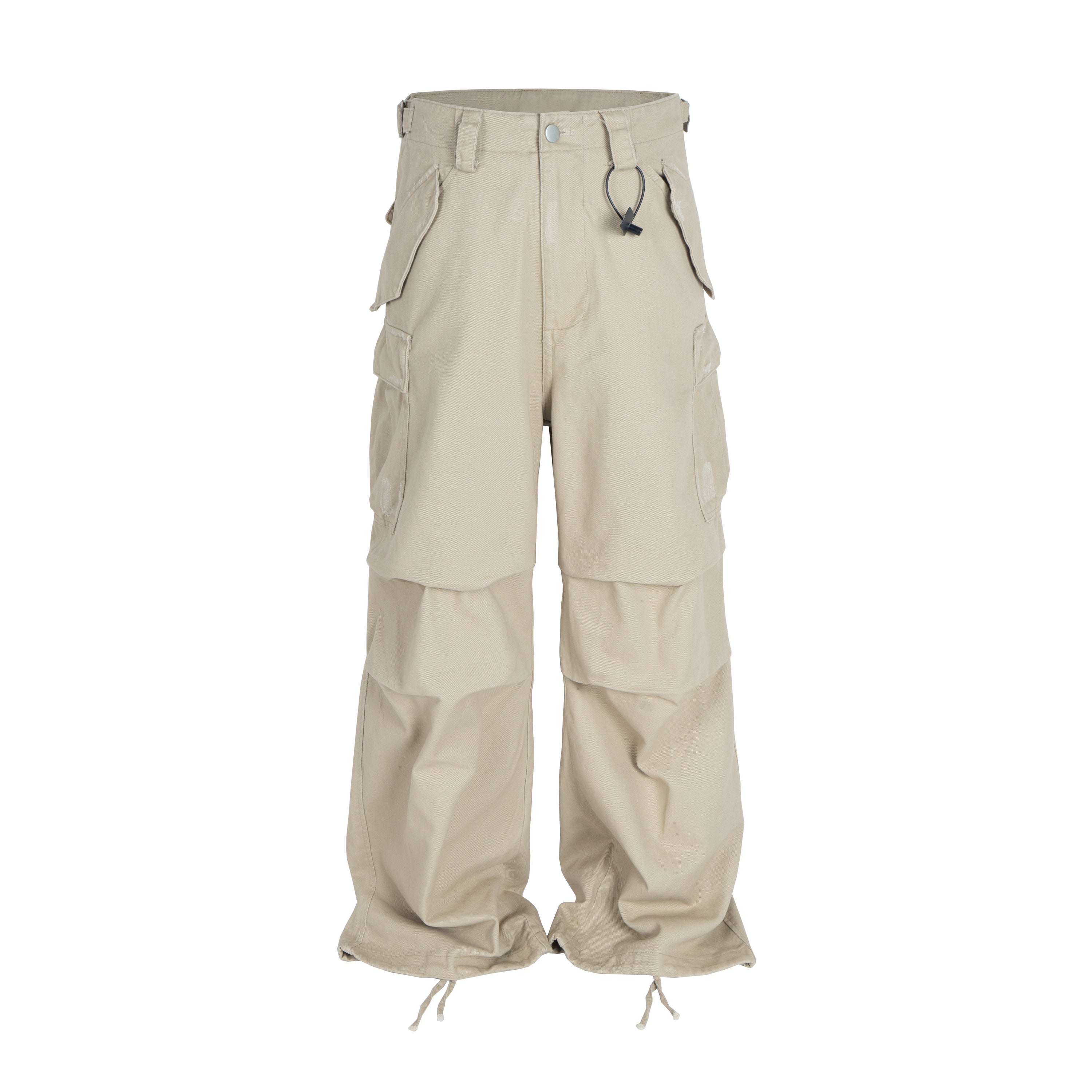 Beige wide-leg cargo pants with multi-pocket design, drawstring hems, and metal ring hardware, front view