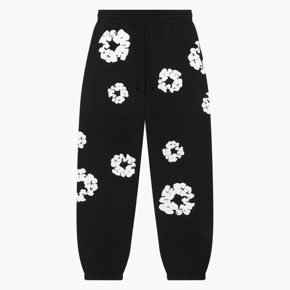 Black “Cotton Wreath” Denim Tears Sweatpants – White Floral Print Streetwear Pants