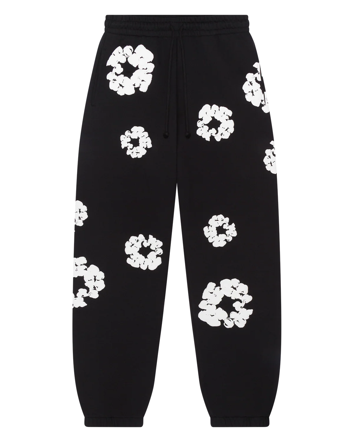 Black “Cotton Wreath” Denim Tears Sweatpants – White Floral Print Streetwear Pants
