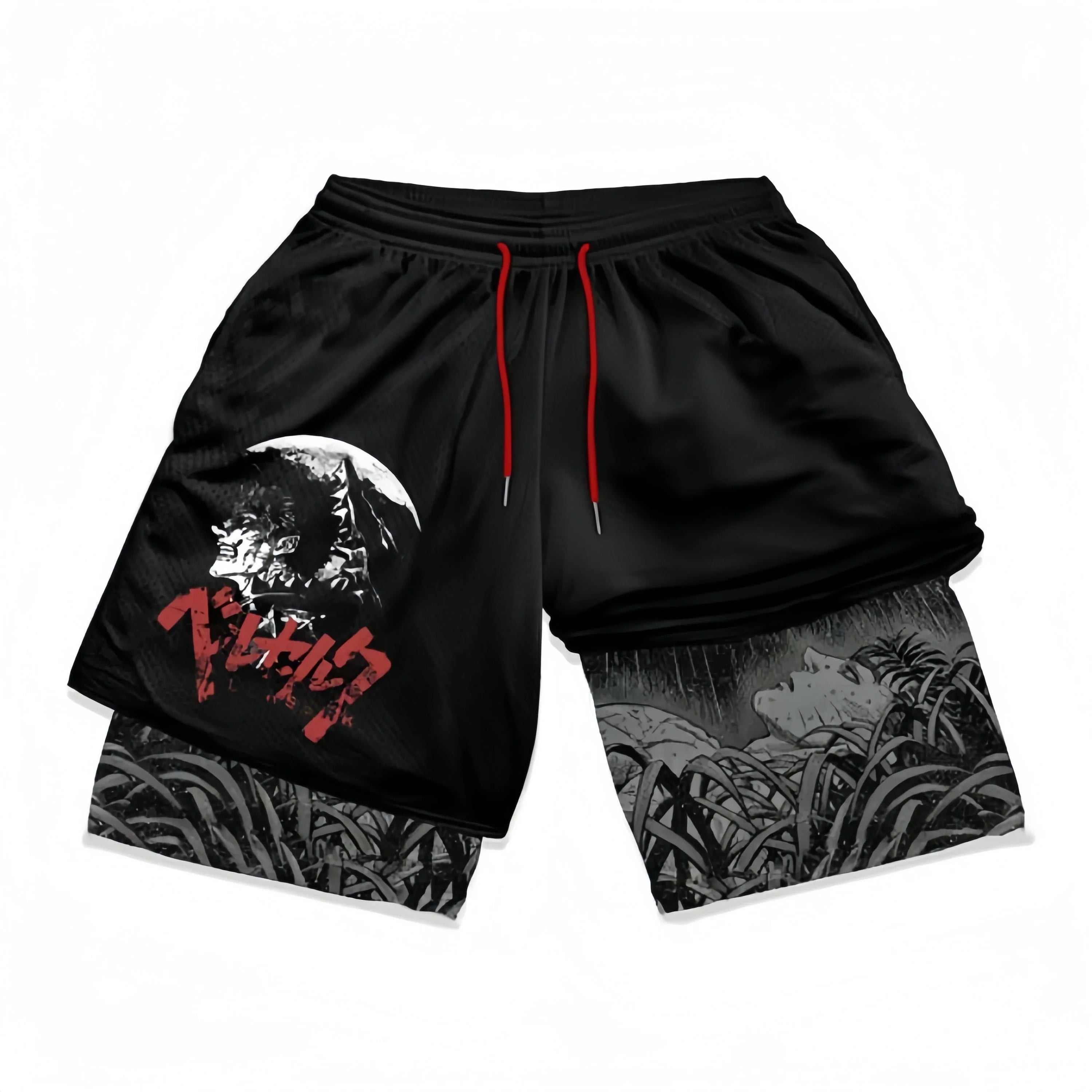 Berserk's athletic shorts feature an Eclipse and Moonlit Battle design with a wolf and moon graphic on one leg, stylized foliage on the other, red drawstrings, and Japanese characters. Perfect for anime fans seeking style and functionality.