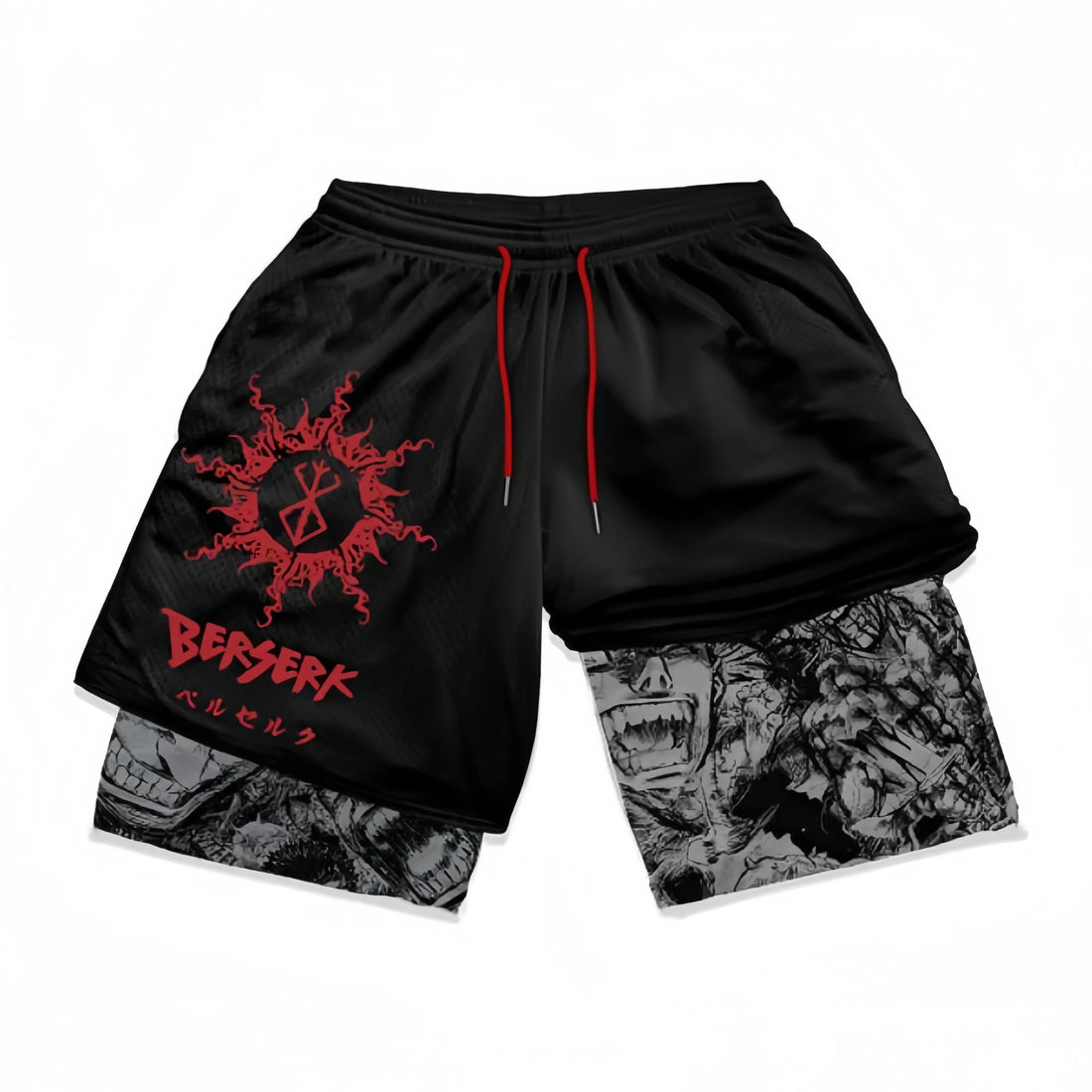 Berserk-Inspired Gym Shorts feature a "Brand of Sacrifice" graphic with red drawstrings. The left leg displays a red logo in English and Japanese, while the lining showcases intense facial expressions, perfect for anime workout apparel.