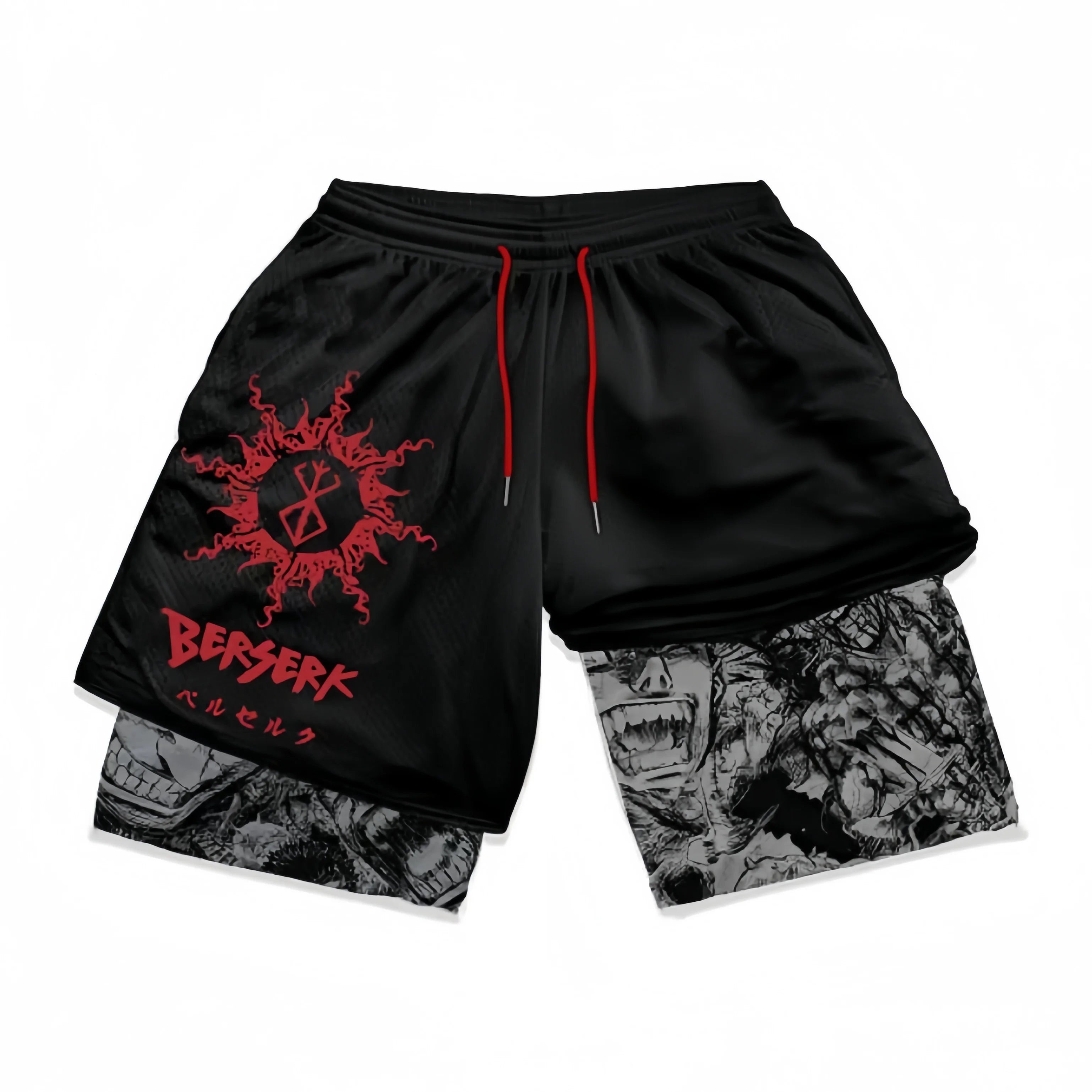 Berserk-Inspired Gym Shorts feature a &quot;Brand of Sacrifice&quot; graphic with red drawstrings. The left leg displays a red logo in English and Japanese, while the lining showcases intense facial expressions, perfect for anime workout apparel.