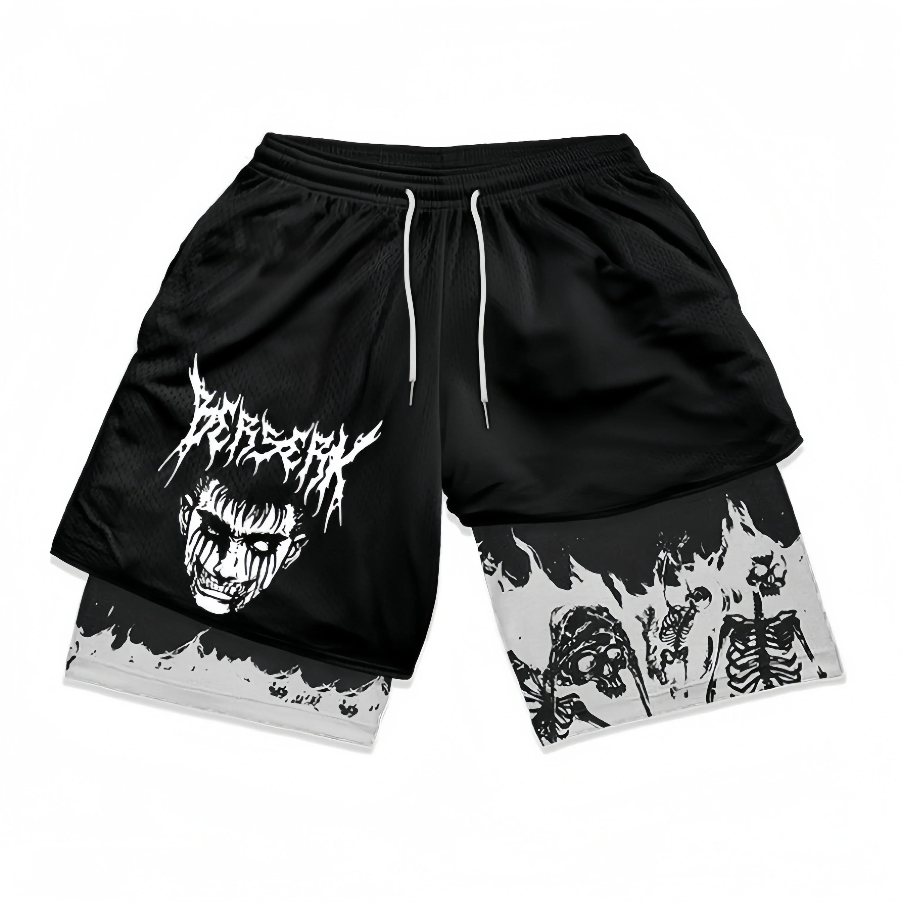 Berserk's gym shorts feature Guts' stylized face on the left leg and an Eclipse flame skeleton liner on the right, complete with a white drawstring.