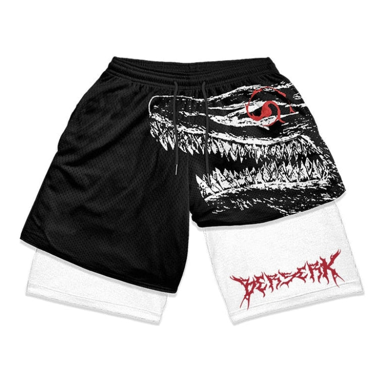 Pantalones cortos de gimnasio de anime berserk - pantalones cortos de entrenamiento de la bestia de la oscuridad para hombres y mujeres | Ropa de fitness de fantasía oscura con diseño gráfico