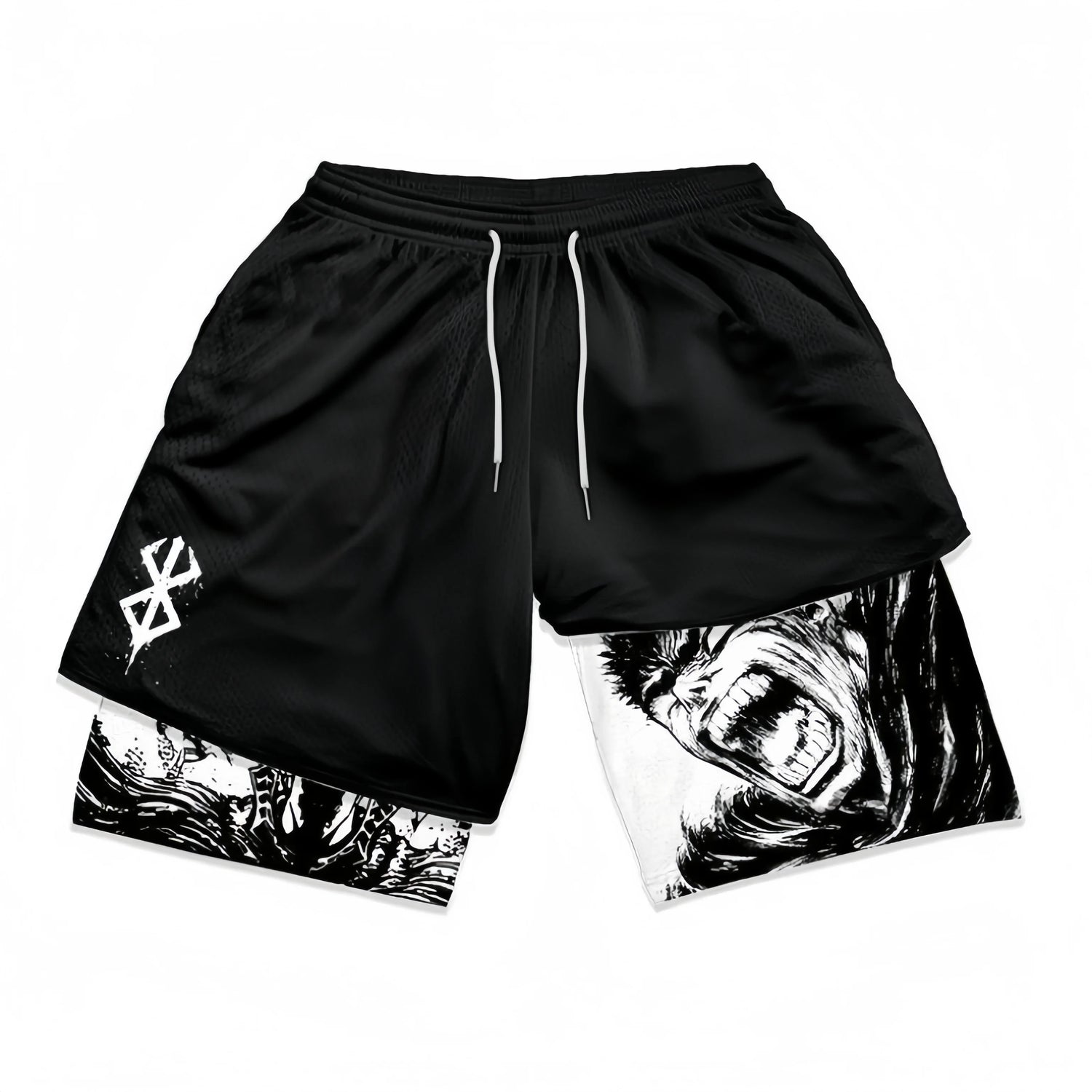 The Berserk gym shorts feature a Guts battle cry graphic with dynamic black strokes on the left side, white drawstrings, and a Brand of Sacrifice symbol on the right leg.