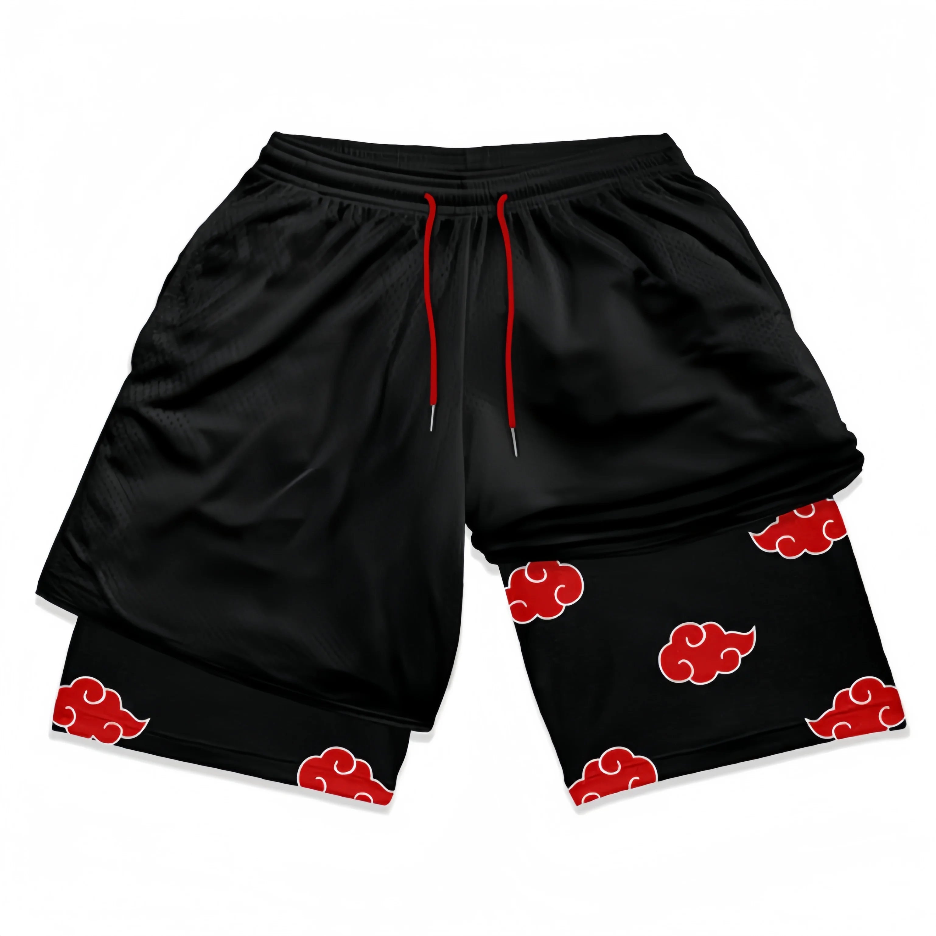 Naruto-Inspired Gym Shorts with Liner by Naruto showcase a solid black outer layer with pockets and a red drawstring. The inner layer peeks out with a red Akatsuki cloud pattern, perfect for fans seeking anime-themed athletic wear.