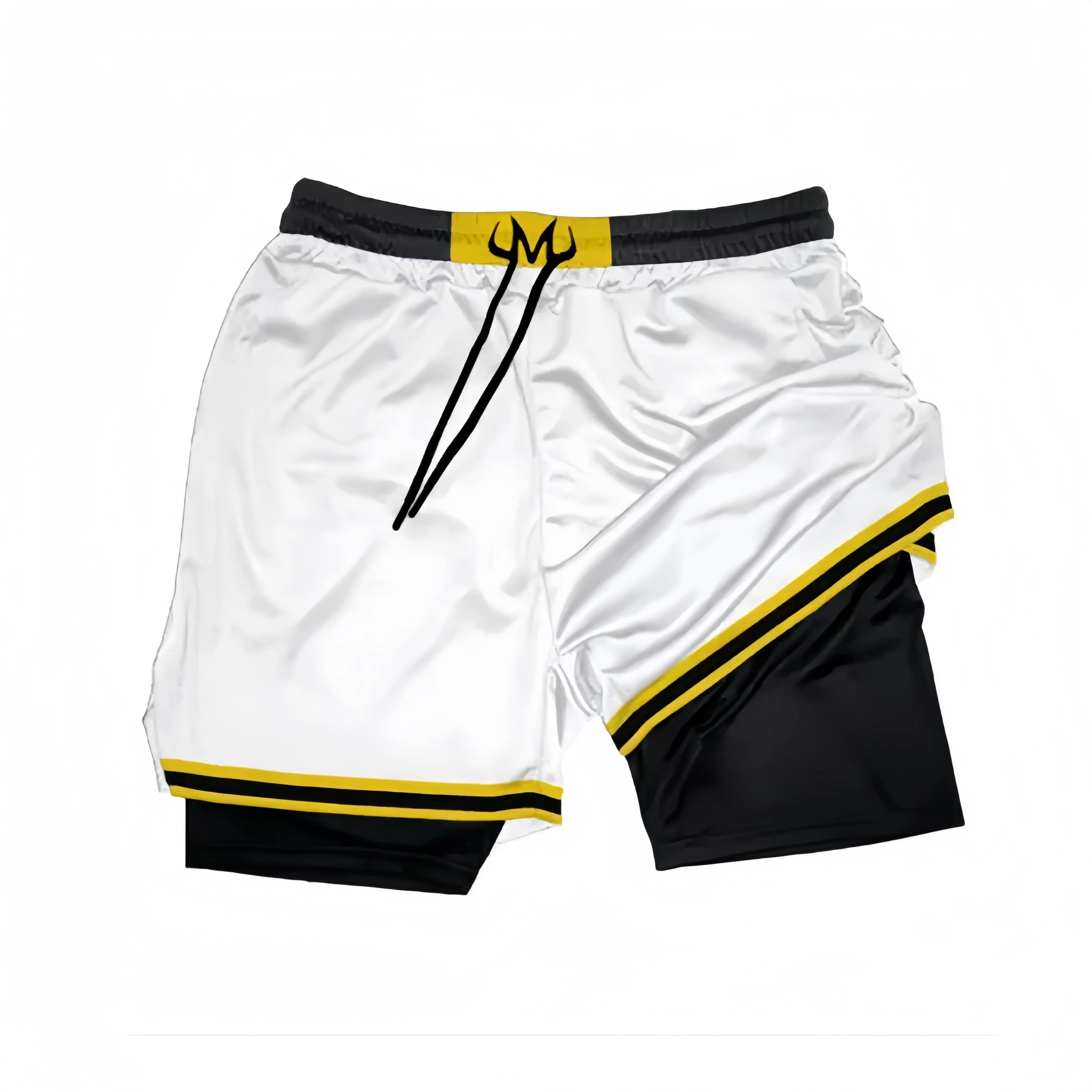 The Seakoff Dragon Ball-Inspired Gym Shorts feature a white and black outer layer with a black waistband and yellow trim, plus a solid black inner layer visible at the hem. Inspired by Vegeta&