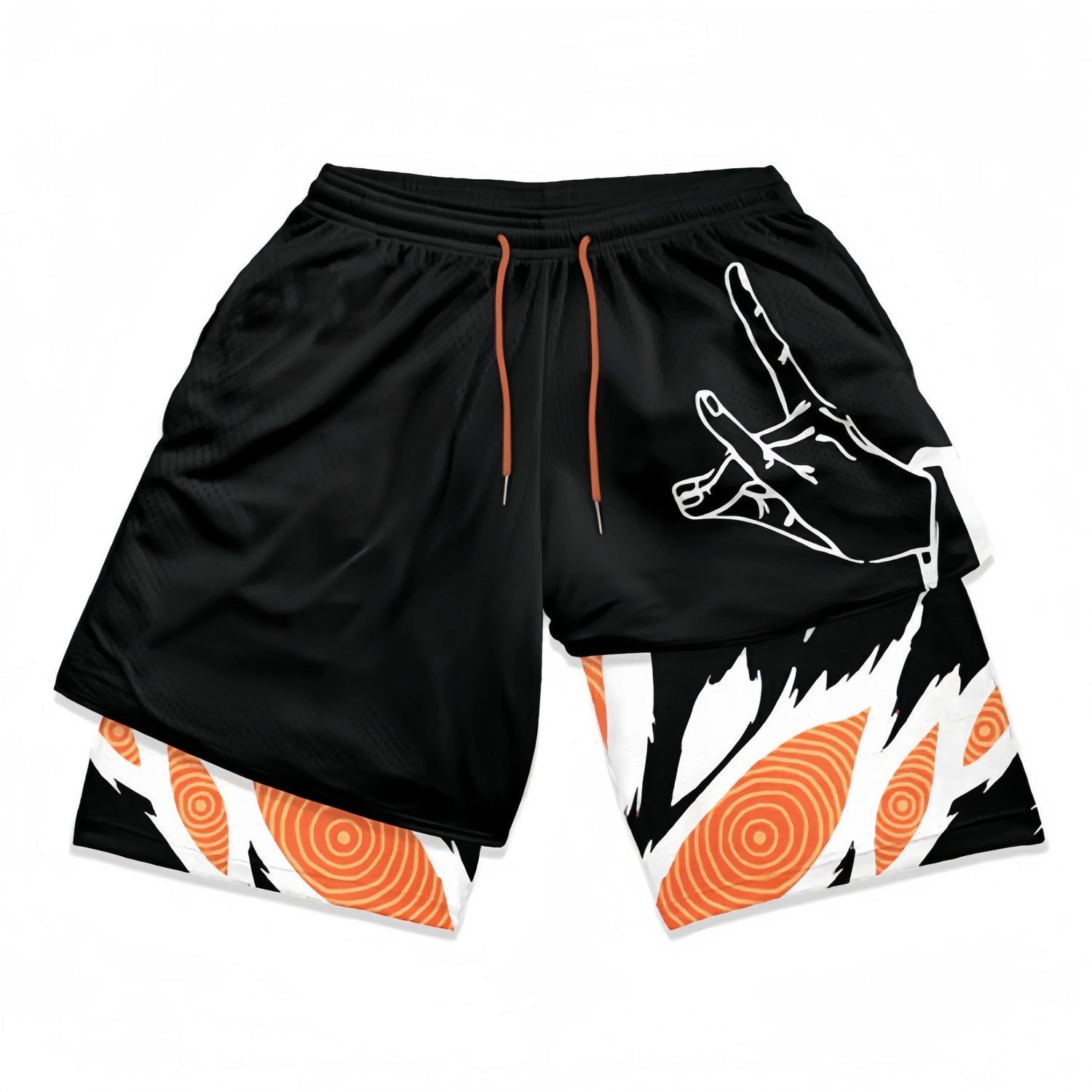 Chainsaw Man-Inspired Gym Shorts with Liner by Chainsaw Man feature a Devil Hunter hand design on black fabric, accented with orange and white concentric spirals and jagged shapes, mimicking Chainsaw Man themes. They have a black waistband with orange drawstrings.