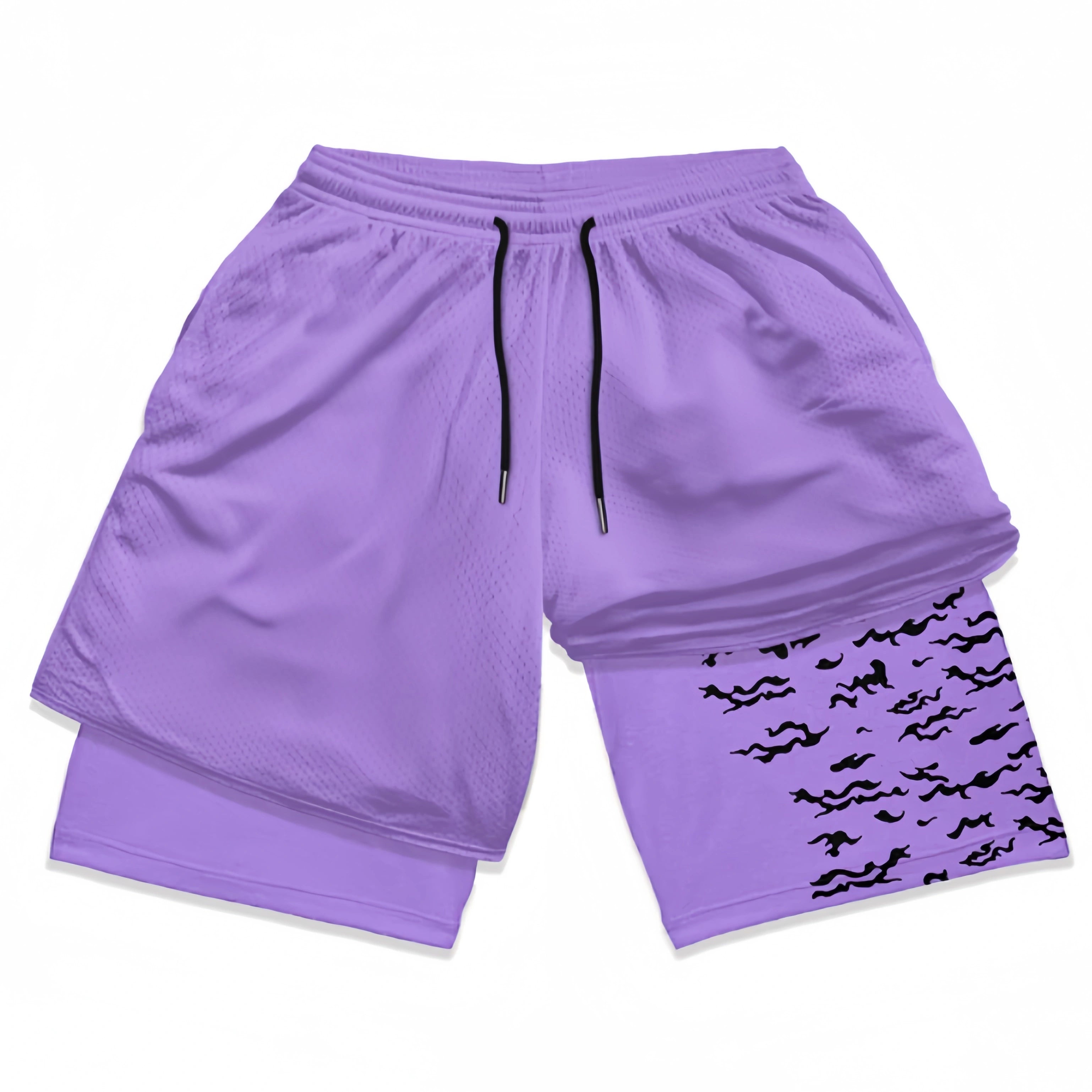 The Naruto-Inspired Gym Shorts with Liner feature a purple outer layer and inner shorts with black bird silhouettes, echoing Itachi Uchiha’s cloak design. They’re ideal for aficionados aiming to channel Amaterasu techniques during Naruto-themed workouts.