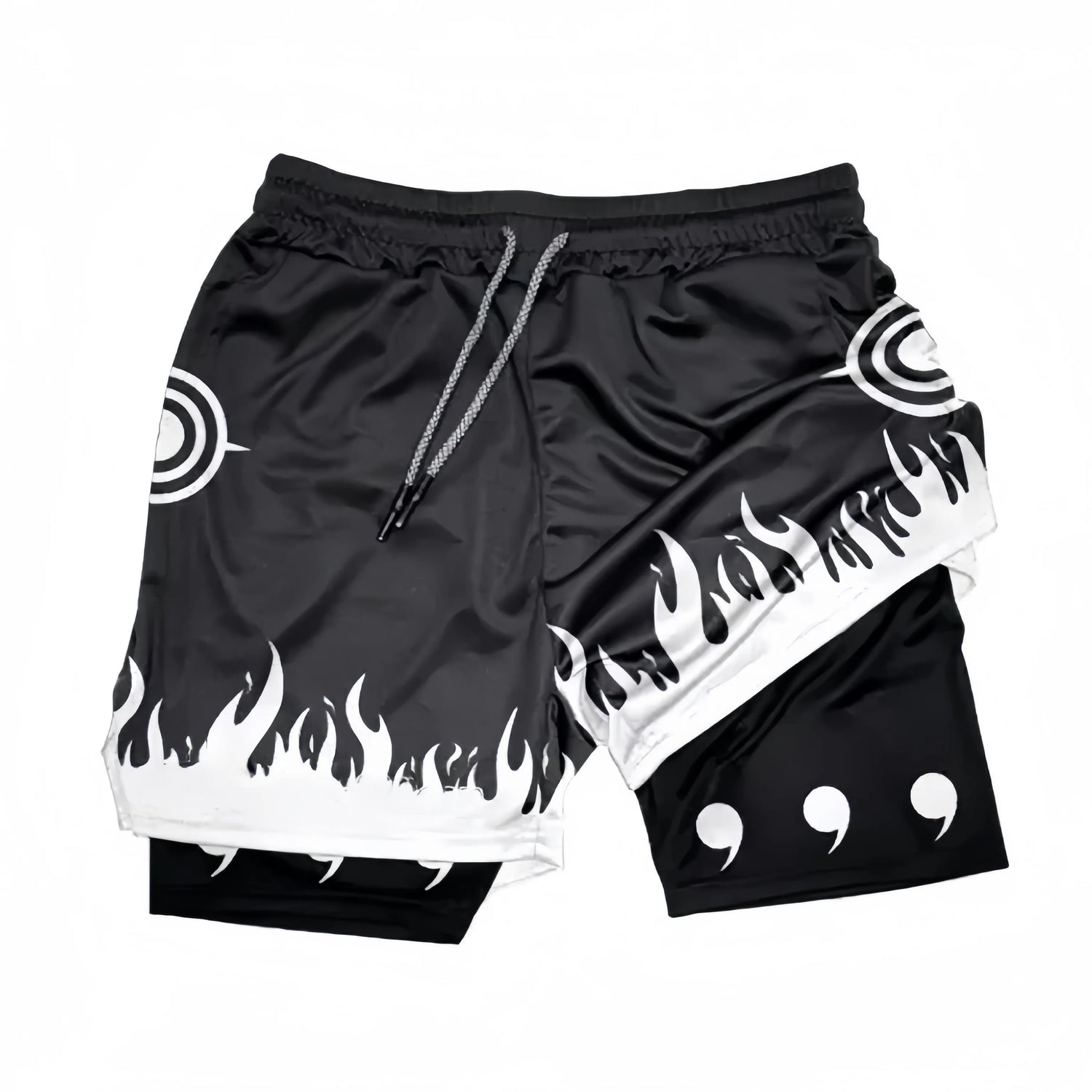 Naruto-Inspired Gym Shorts with Liner featuring a flame pattern at the hem, an abstract Rinnegan on one side, and three tomoe on one leg. These shorts from Naruto have an elastic waistband with a drawstring and are displayed against a white background.