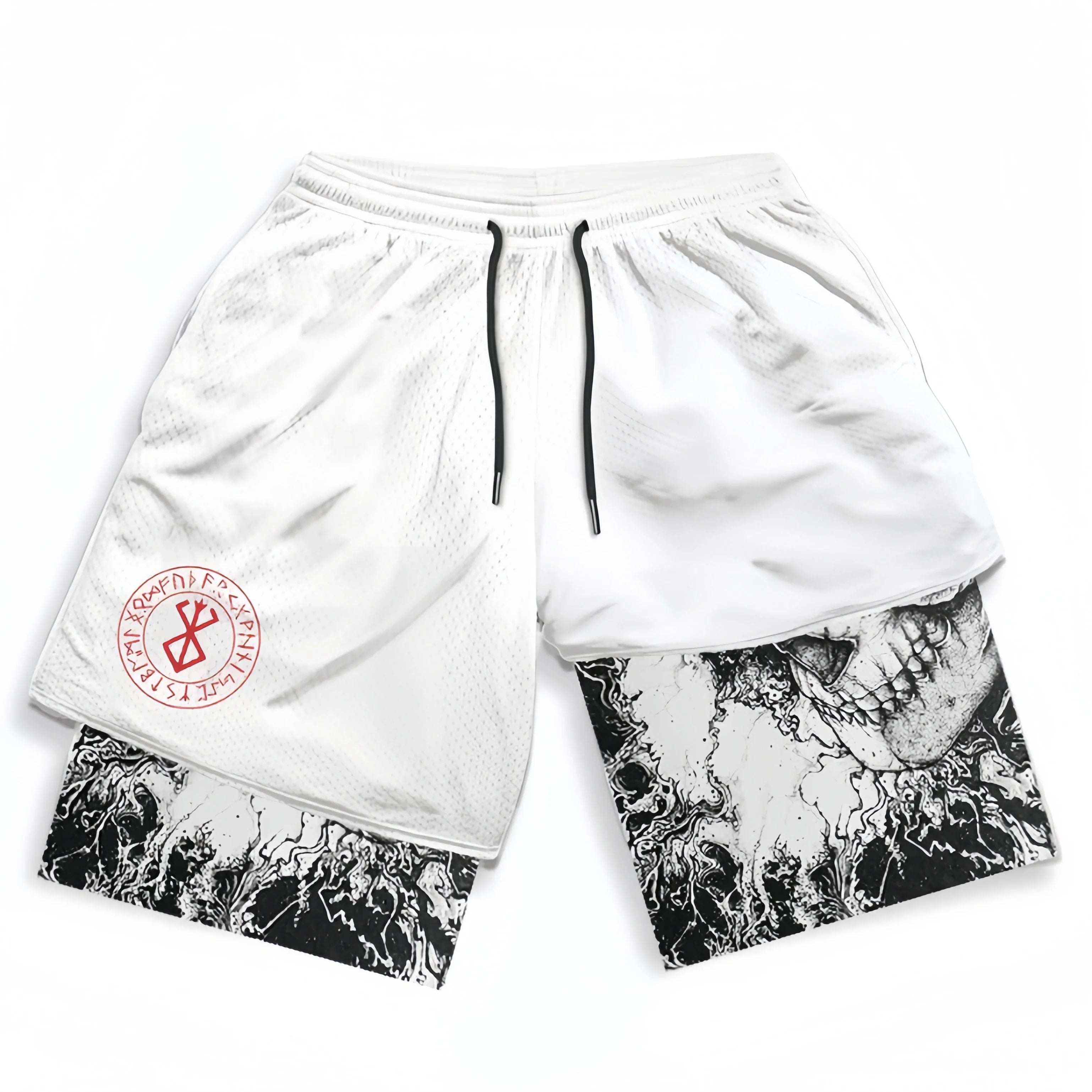 White athletic shorts with a drawstring feature the red Brand of Sacrifice emblem on the left thigh and Skull King artwork on the longer inner lining, ideal for fans of Berserk who love an edgy style.