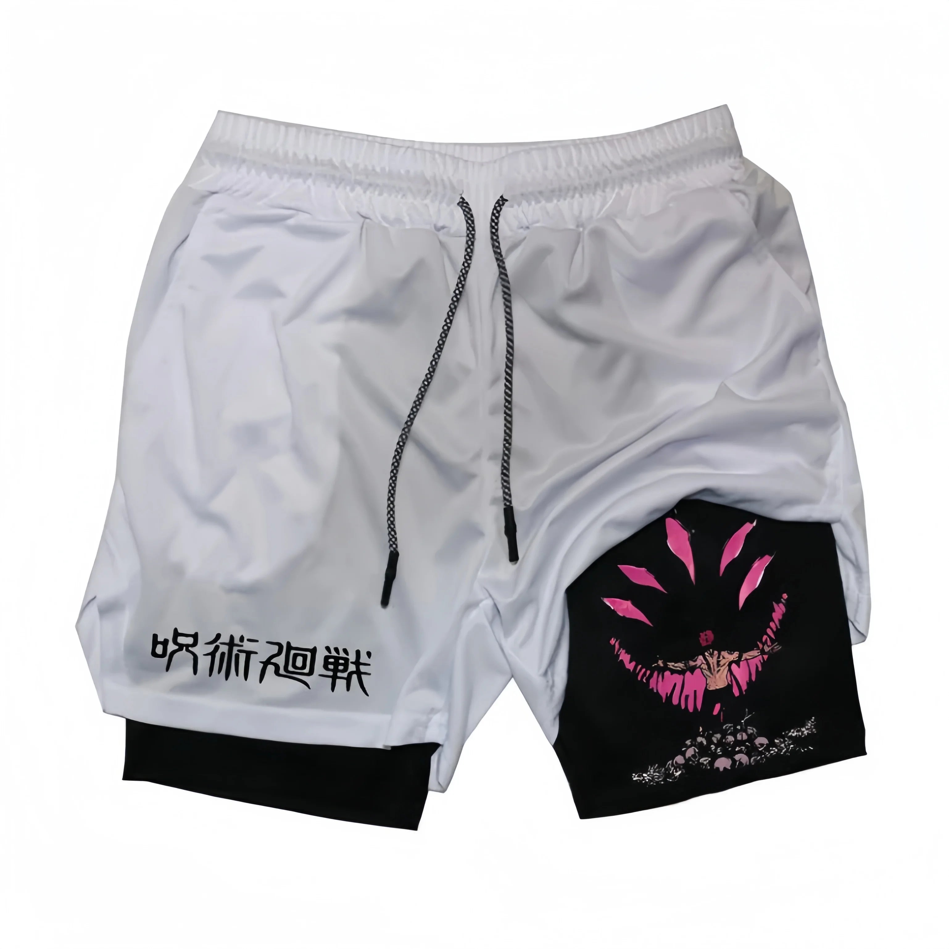 White athletic shorts with black accents feature a pink and black Sukuna Cursed Energy design on the right leg. Stylized text graces the left leg, and a black inner lining is visible at the bottom. From the brand Jujutsu Kaisen, these gym shorts offer comfort and unique anime-inspired style.